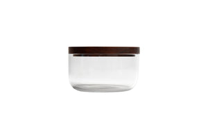 VVD pottery 15cm transparant glass 7cm high/ lid 2cm walnut