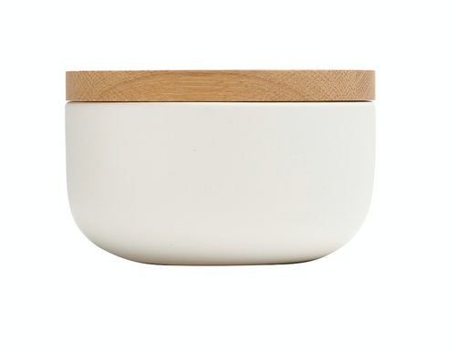 VVD pottery 15cm white ceramic 7cm high/ lid 2cm oak